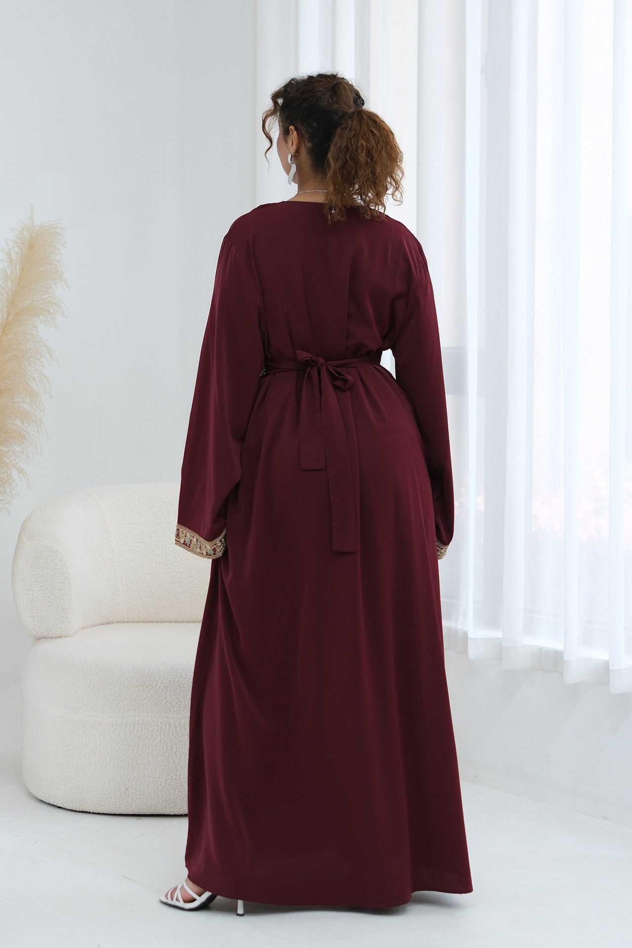 Elara Embroidered Belted V Neck Abaya-Red