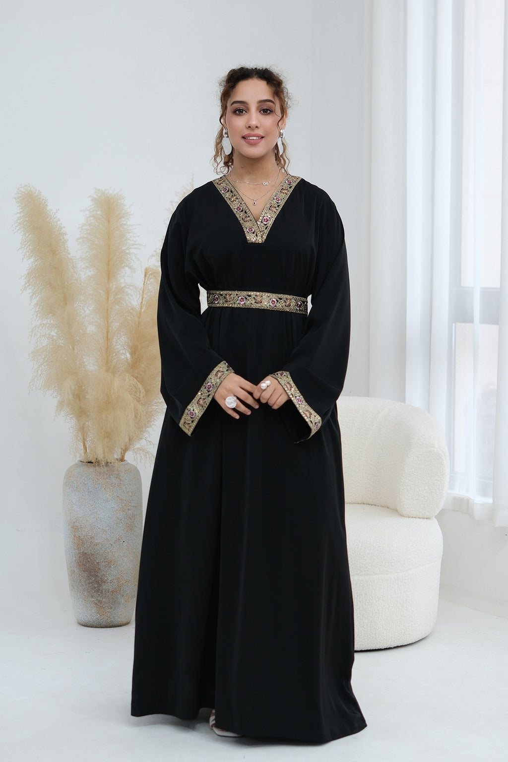 Elara Embroidered Belted V Neck Abaya-Black