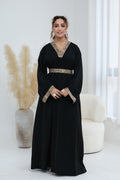 Elara Embroidered Belted V Neck Abaya-Black