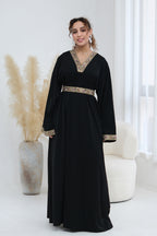 Elara Embroidered Belted V Neck Abaya-Black