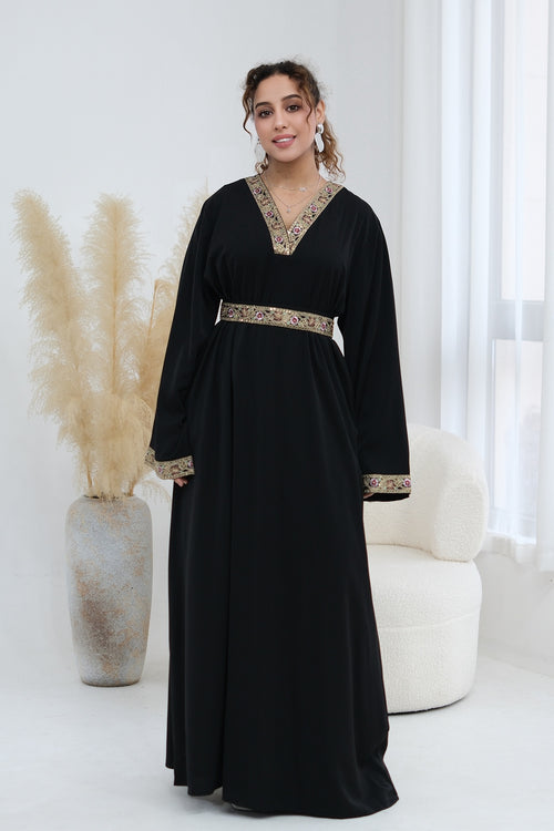 Elara Embroidered Belted V Neck Abaya-Black
