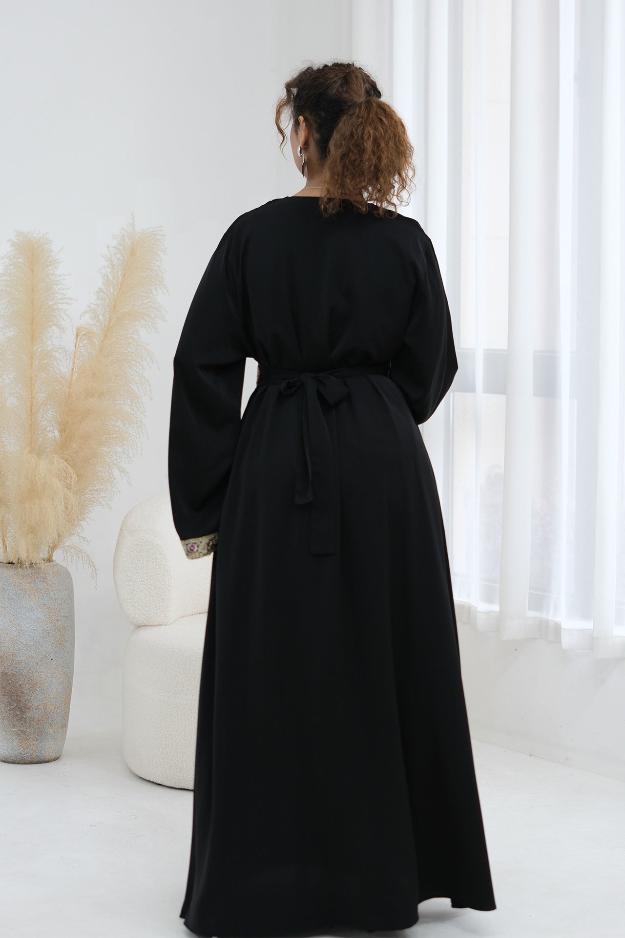 Elara Embroidered Belted V Neck Abaya-Black