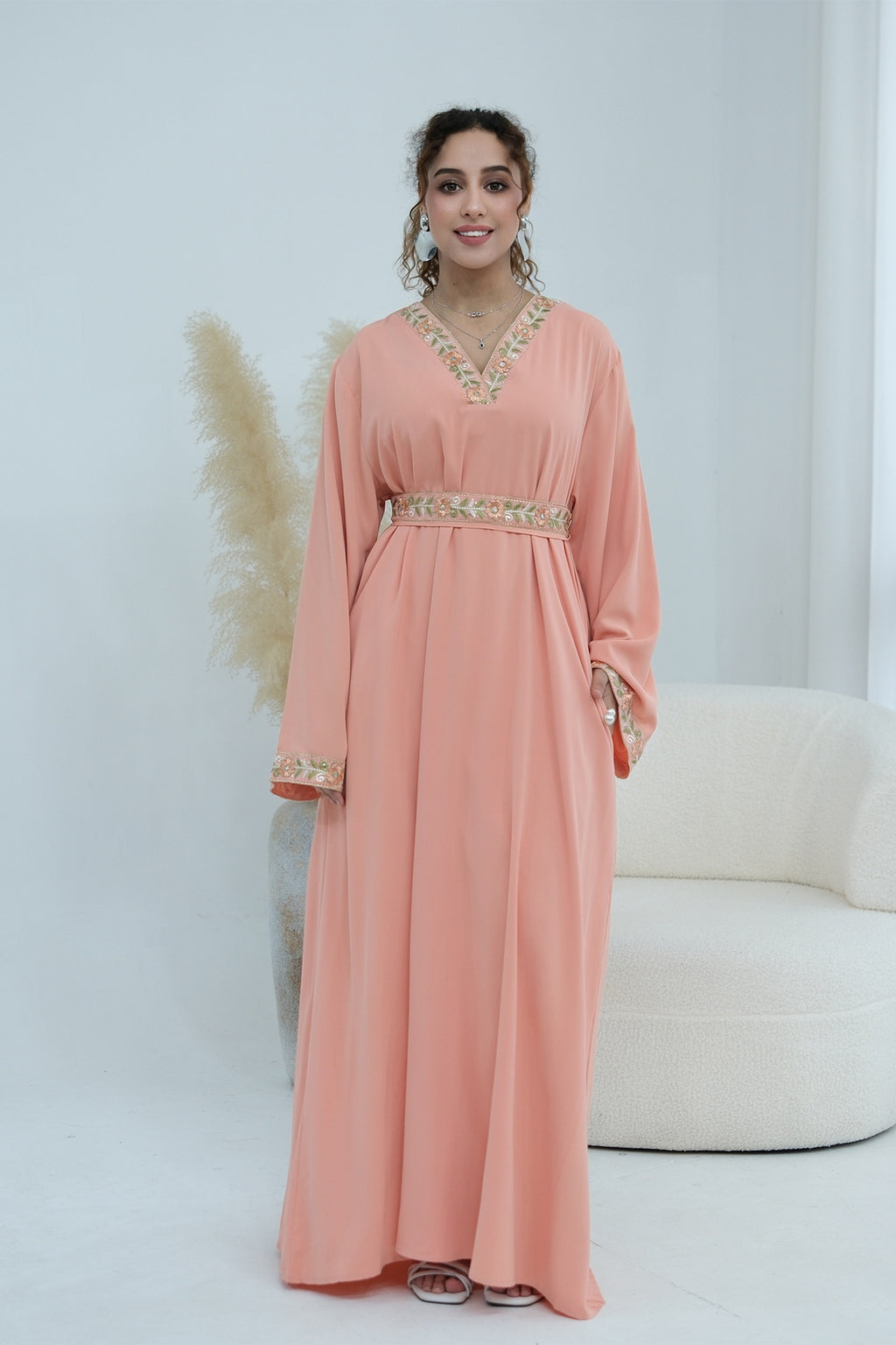 Elara Embroidered Belted V Neck Abaya-Pink