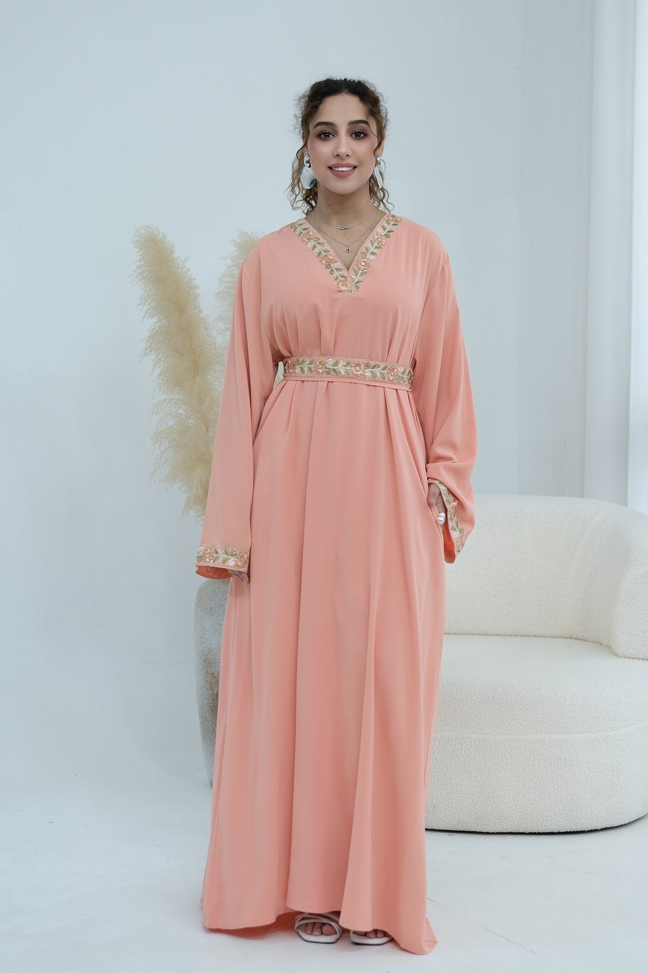 Elara Embroidered Belted V Neck Abaya-Pink
