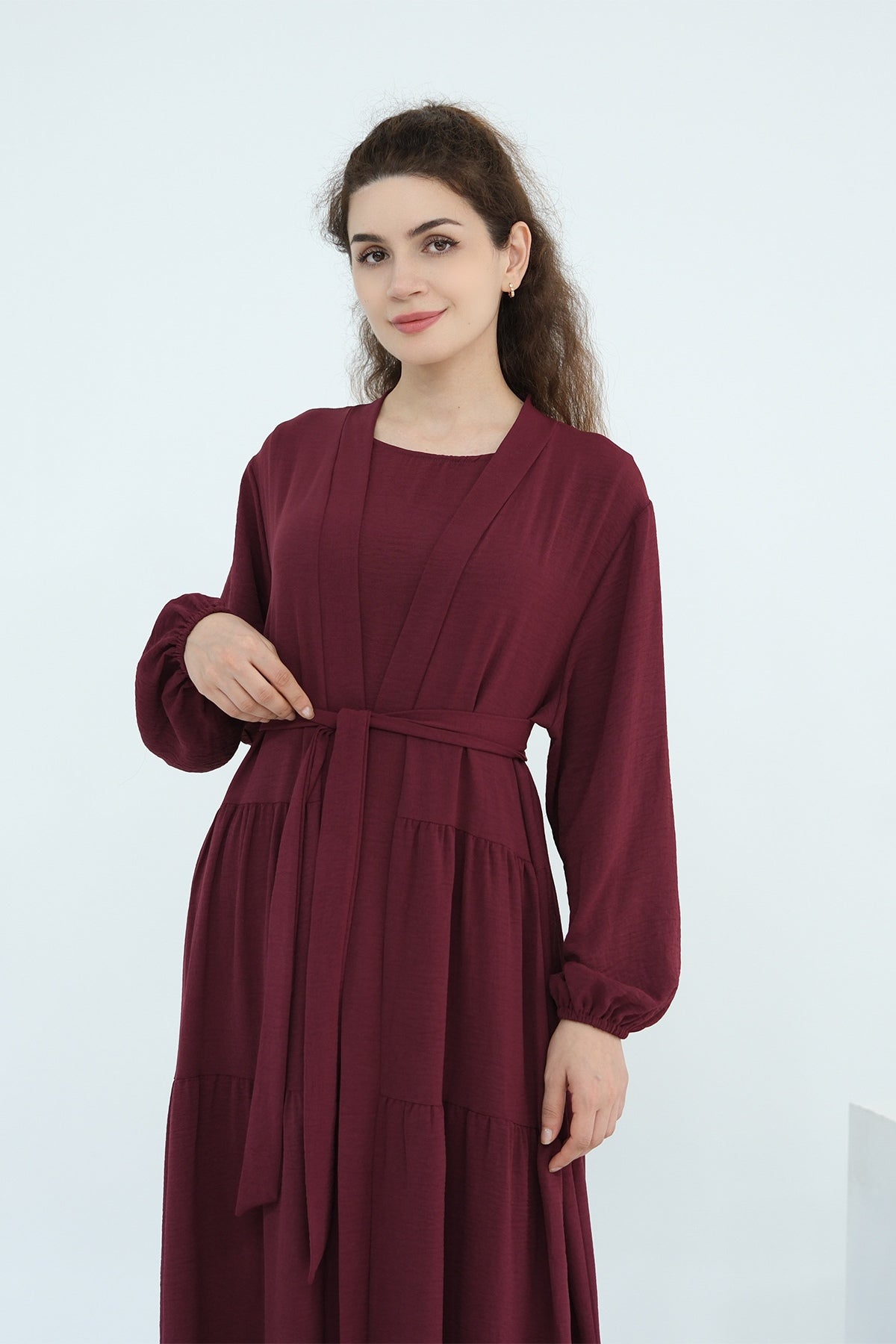 Hazel Tiered Dress And Open Outer Coat Set-Red