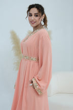 Elara Embroidered Belted V Neck Abaya-Pink