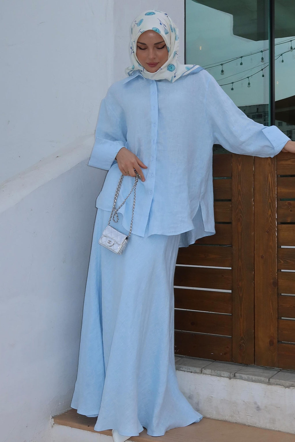 Aisha Tie Waist Linen Shirt Mermaid Two Piece-Blue
