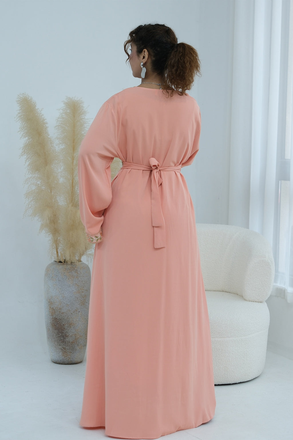 Elara Embroidered Belted V Neck Abaya-Pink