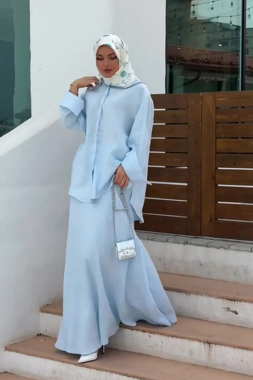 Aisha Tie Waist Linen Shirt Mermaid Two Piece-Blue