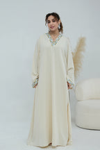 Elara Embroidered Belted V Neck Abaya-Apricot