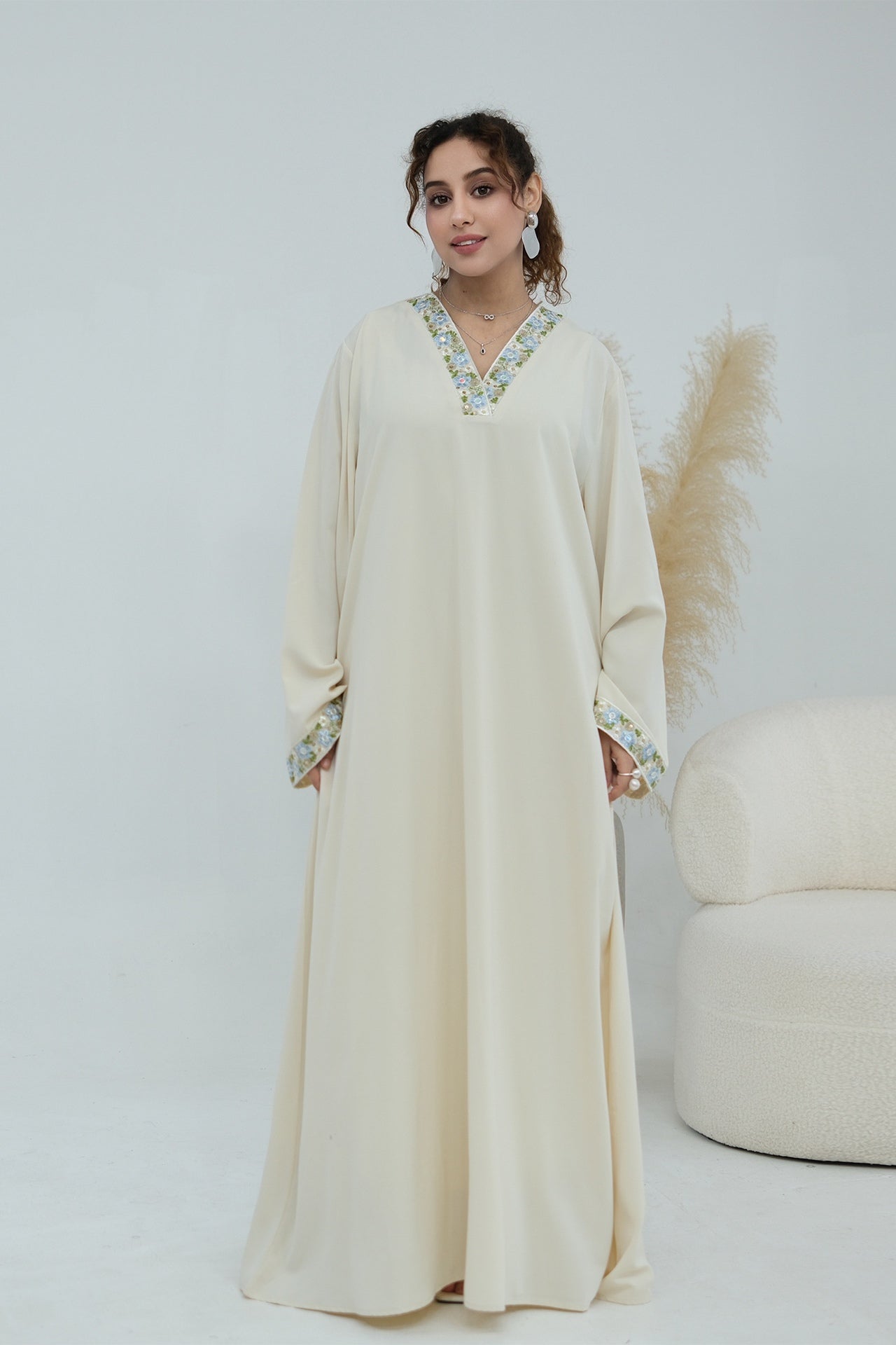 Elara Embroidered Belted V Neck Abaya-Apricot