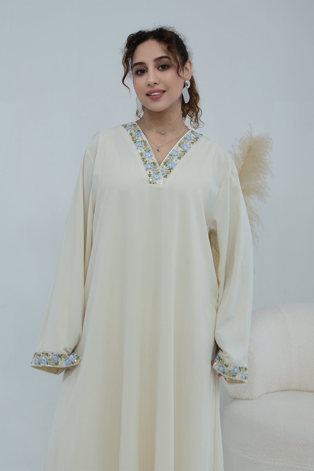 Elara Embroidered Belted V Neck Abaya-Apricot