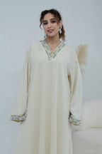 Elara Embroidered Belted V Neck Abaya-Apricot