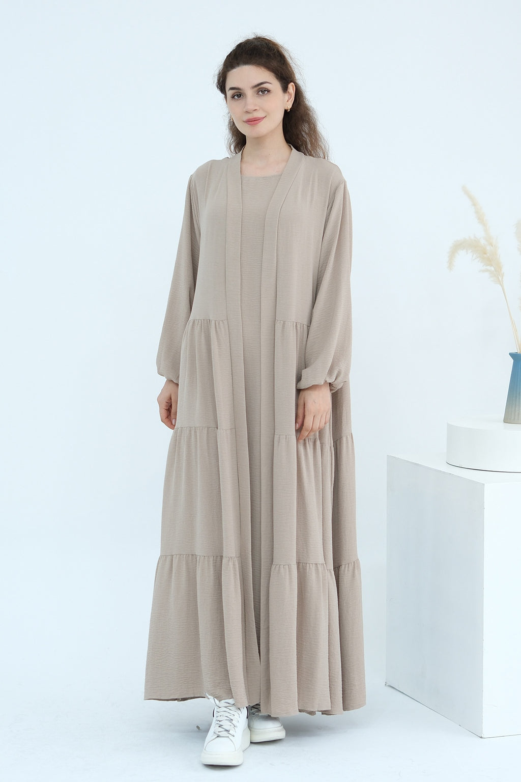 Hazel Tiered Dress And Open Outer Coat Set-Grey