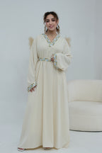 Elara Embroidered Belted V Neck Abaya-Apricot