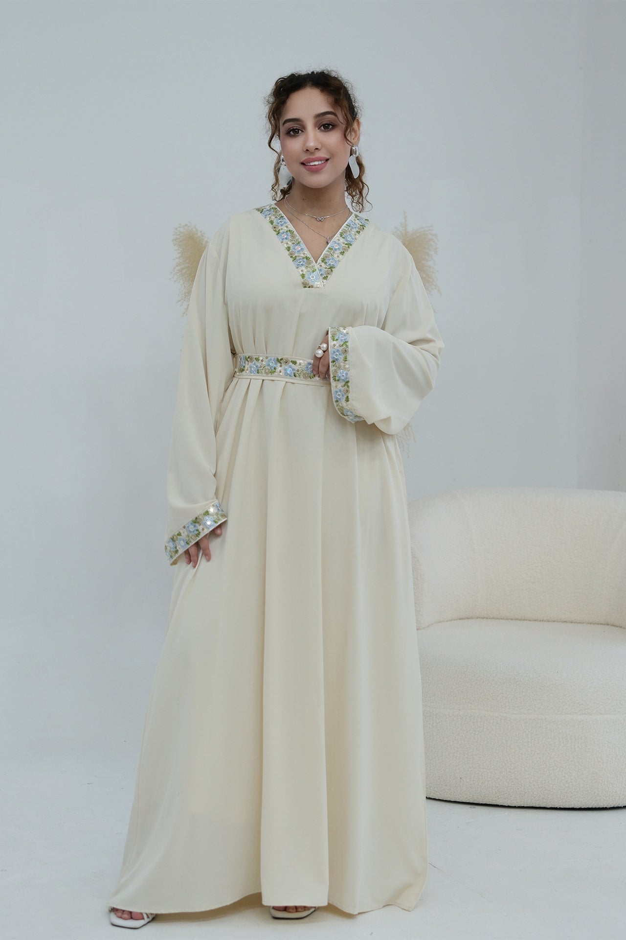 Elara Embroidered Belted V Neck Abaya-Apricot