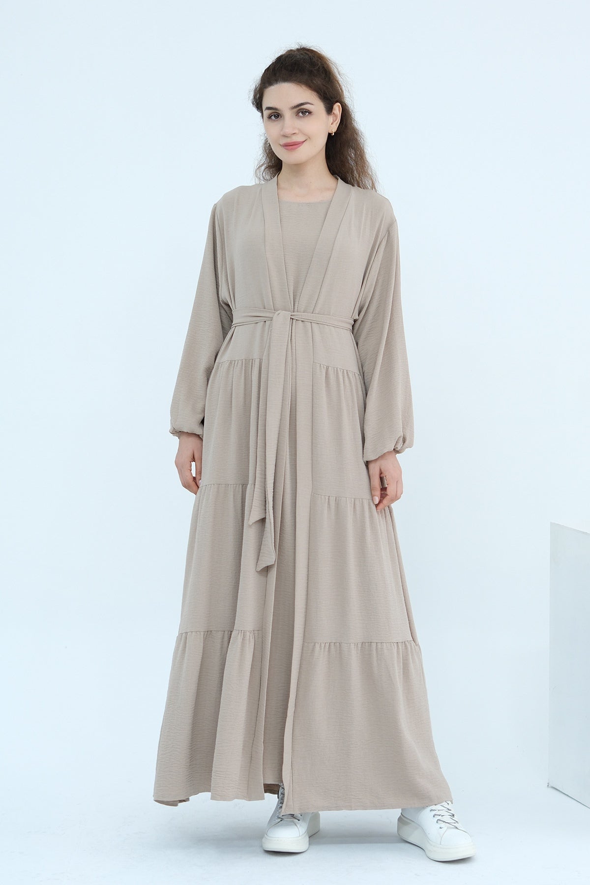 Hazel Tiered Dress And Open Outer Coat Set-Grey