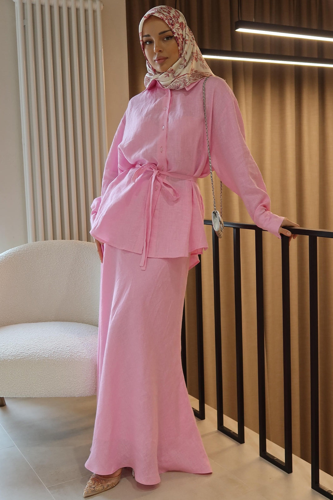 Aisha Tie Waist Linen Shirt Mermaid Two Piece-Pink