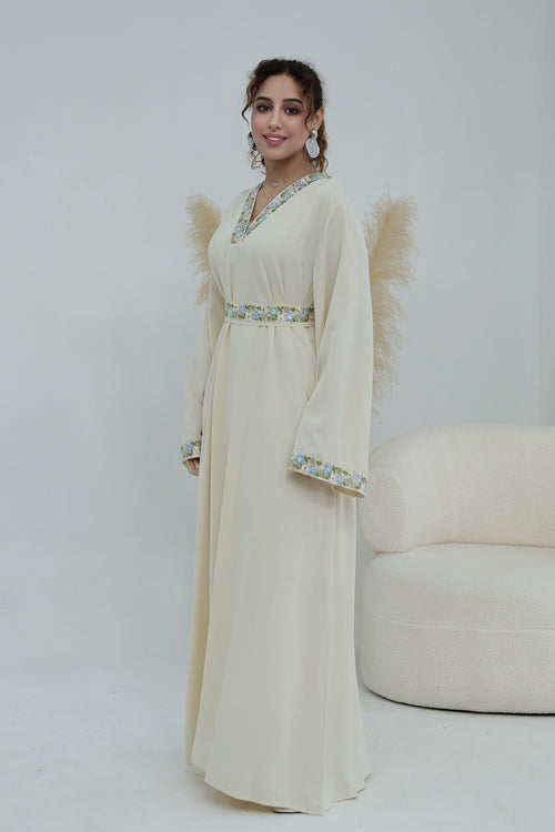 Elara Embroidered Belted V Neck Abaya-Apricot
