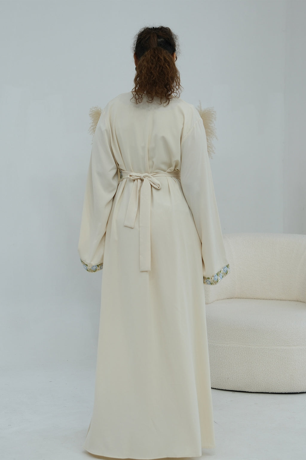 Elara Embroidered Belted V Neck Abaya-Apricot