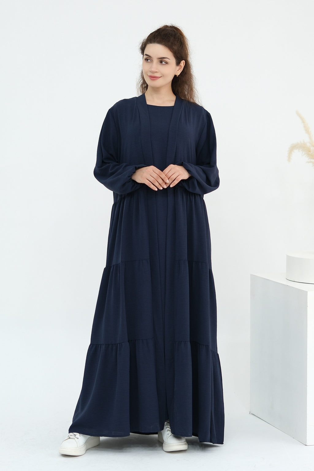 Hazel Tiered Dress And Open Outer Coat Set-DarkBlue