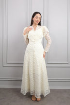Mara Scallop Lace Puff Sleeve Maxi-White