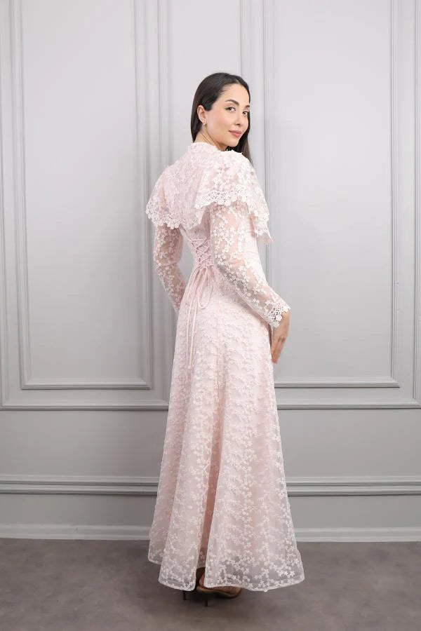 Mara Scallop Lace Puff Sleeve Maxi-Pink