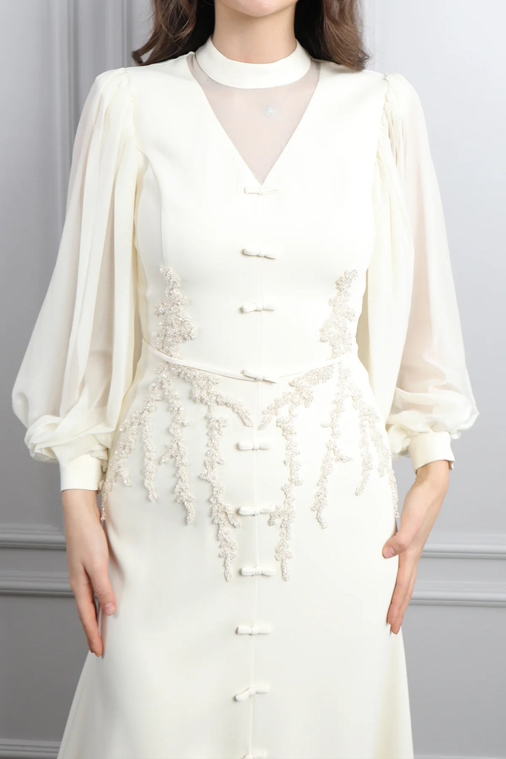 Lynn Mandarin Knot Beaded Mermaid Dress-White