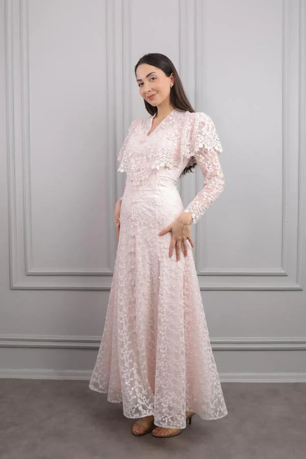 Mara Scallop Lace Puff Sleeve Maxi-Pink