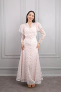 Mara Scallop Lace Puff Sleeve Maxi-Pink