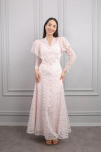 Mara Scallop Lace Puff Sleeve Maxi-Pink