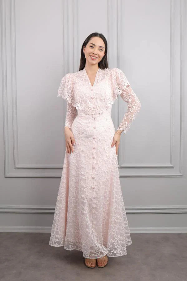 Mara Scallop Lace Puff Sleeve Maxi-Pink