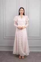 Mara Scallop Lace Puff Sleeve Maxi-Pink