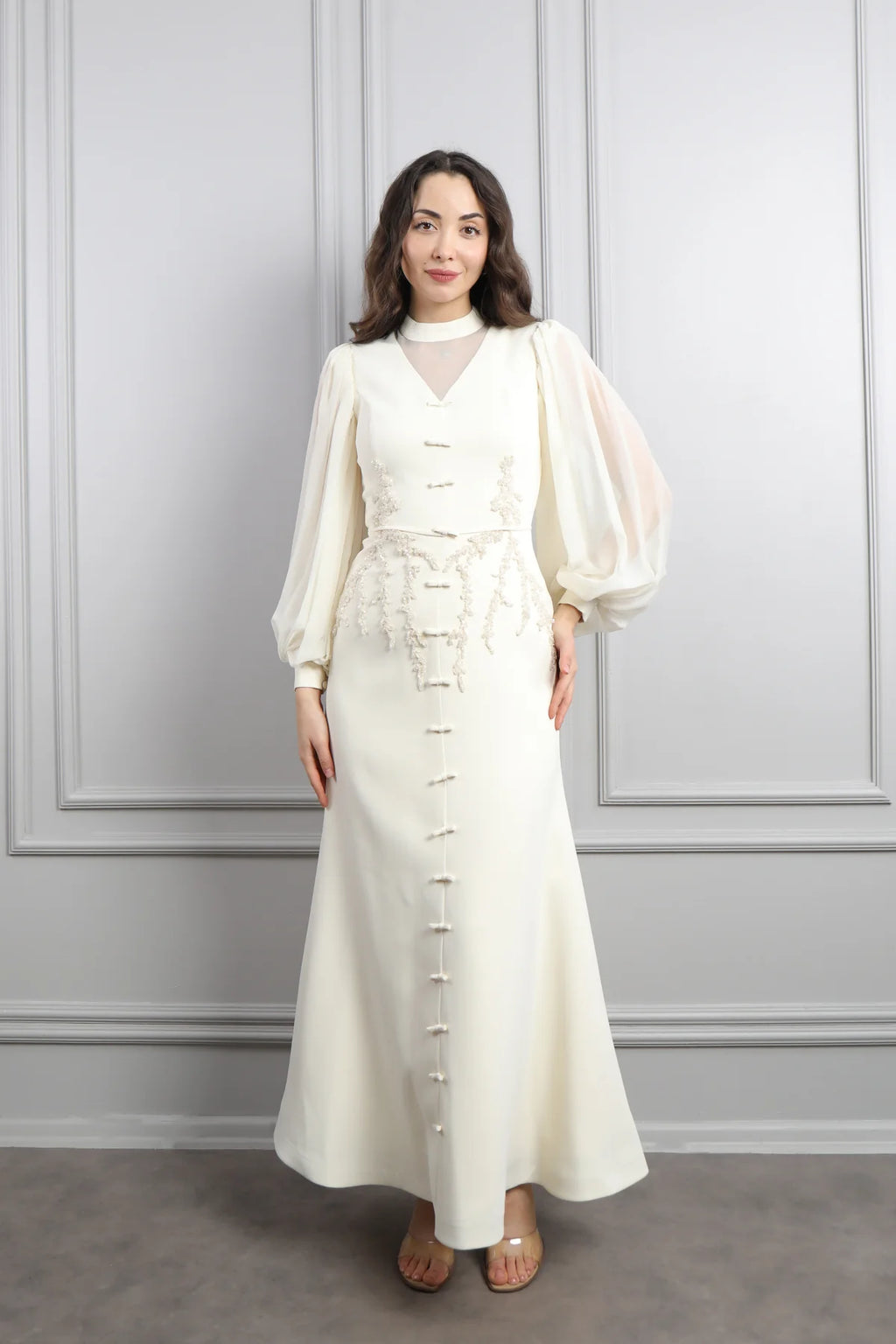 Lynn Mandarin Knot Beaded Mermaid Dress-White