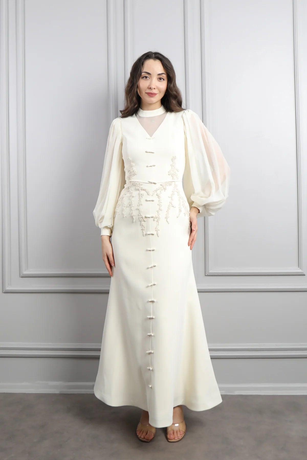 Lynn Mandarin Knot Beaded Mermaid Dress-White