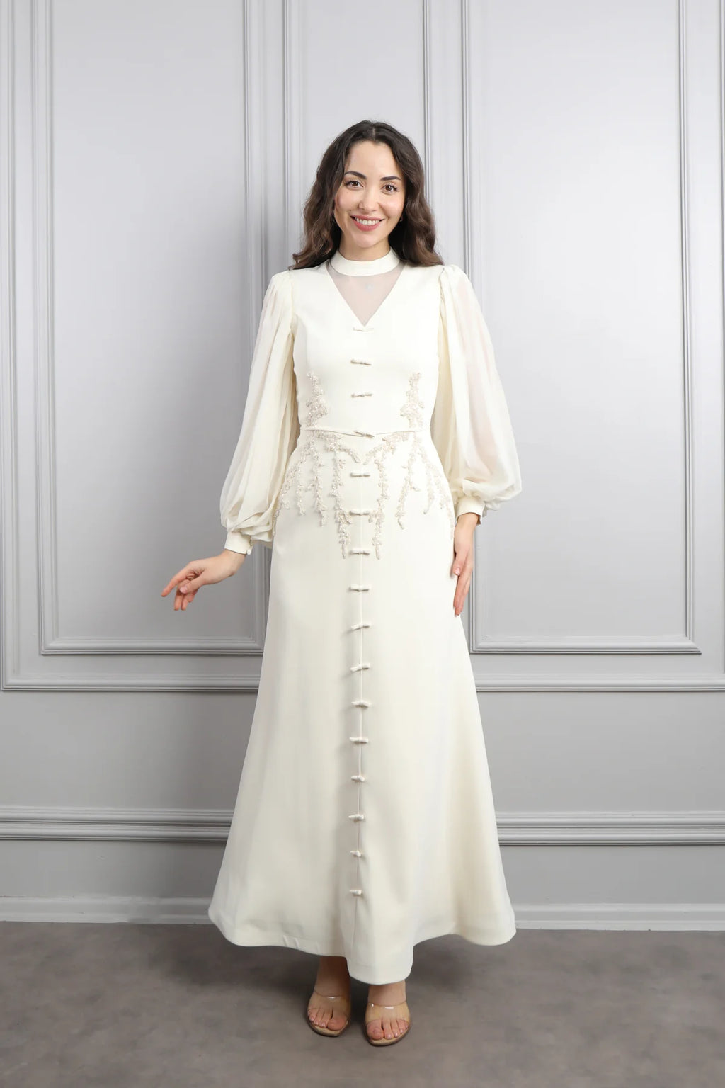 Lynn Mandarin Knot Beaded Mermaid Dress-White