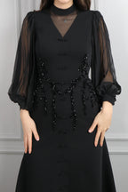 Lynn Mandarin Knot Beaded Mermaid Dress-Black