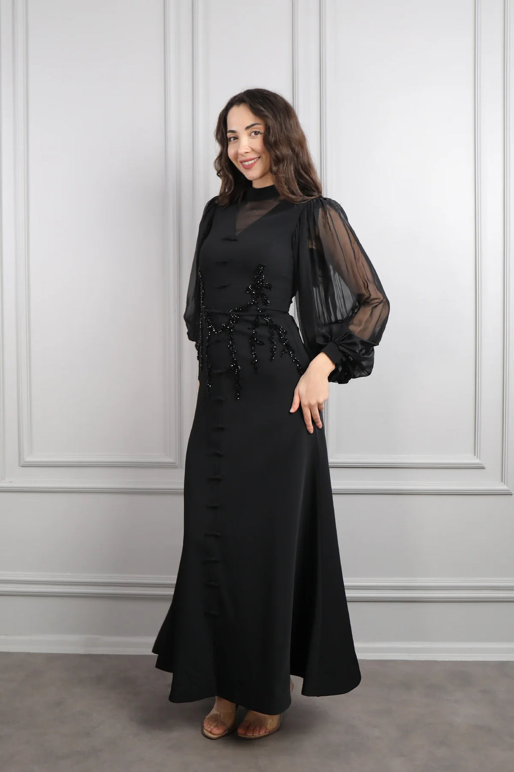 Lynn Mandarin Knot Beaded Mermaid Dress-Black