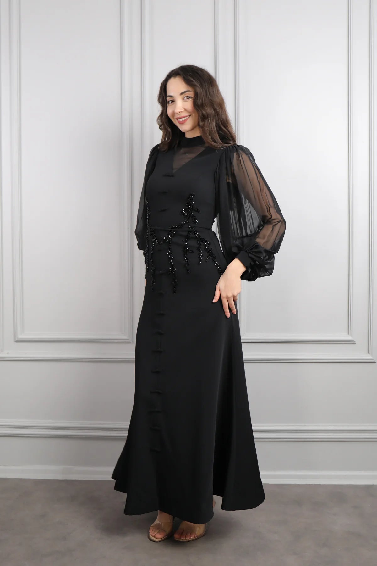 Lynn Mandarin Knot Beaded Mermaid Dress-Black