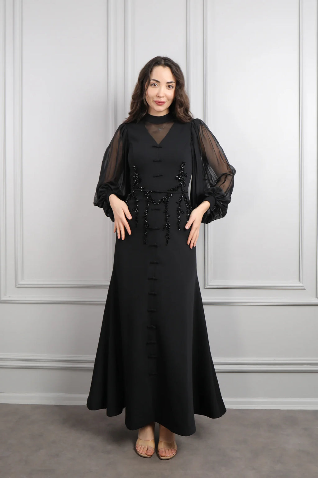 Lynn Mandarin Knot Beaded Mermaid Dress-Black