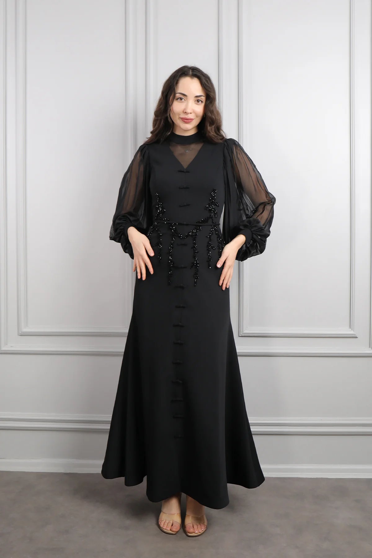 Lynn Mandarin Knot Beaded Mermaid Dress-Black