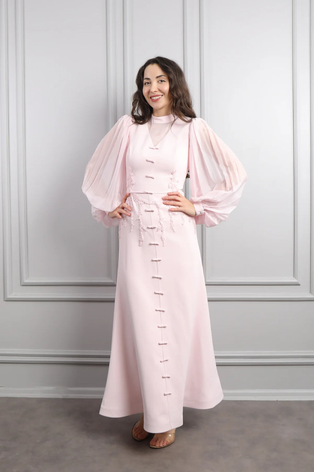 Lynn Mandarin Knot Beaded Mermaid Dress-Pink