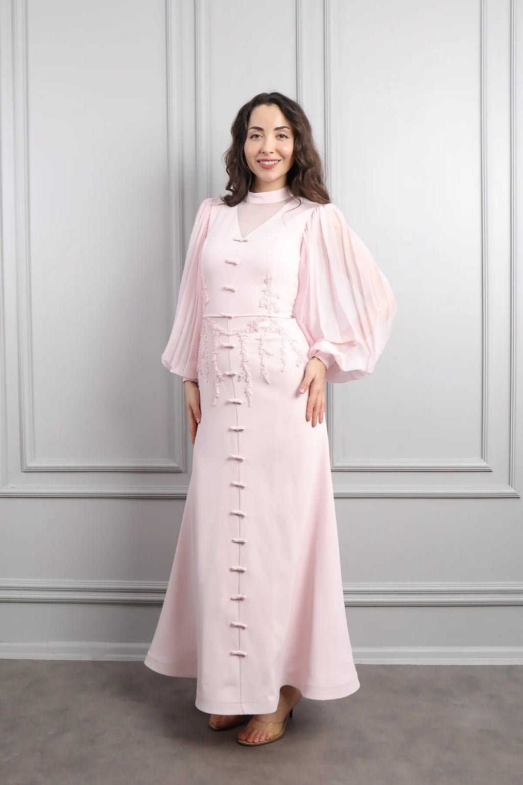 Lynn Mandarin Knot Beaded Mermaid Dress-Pink