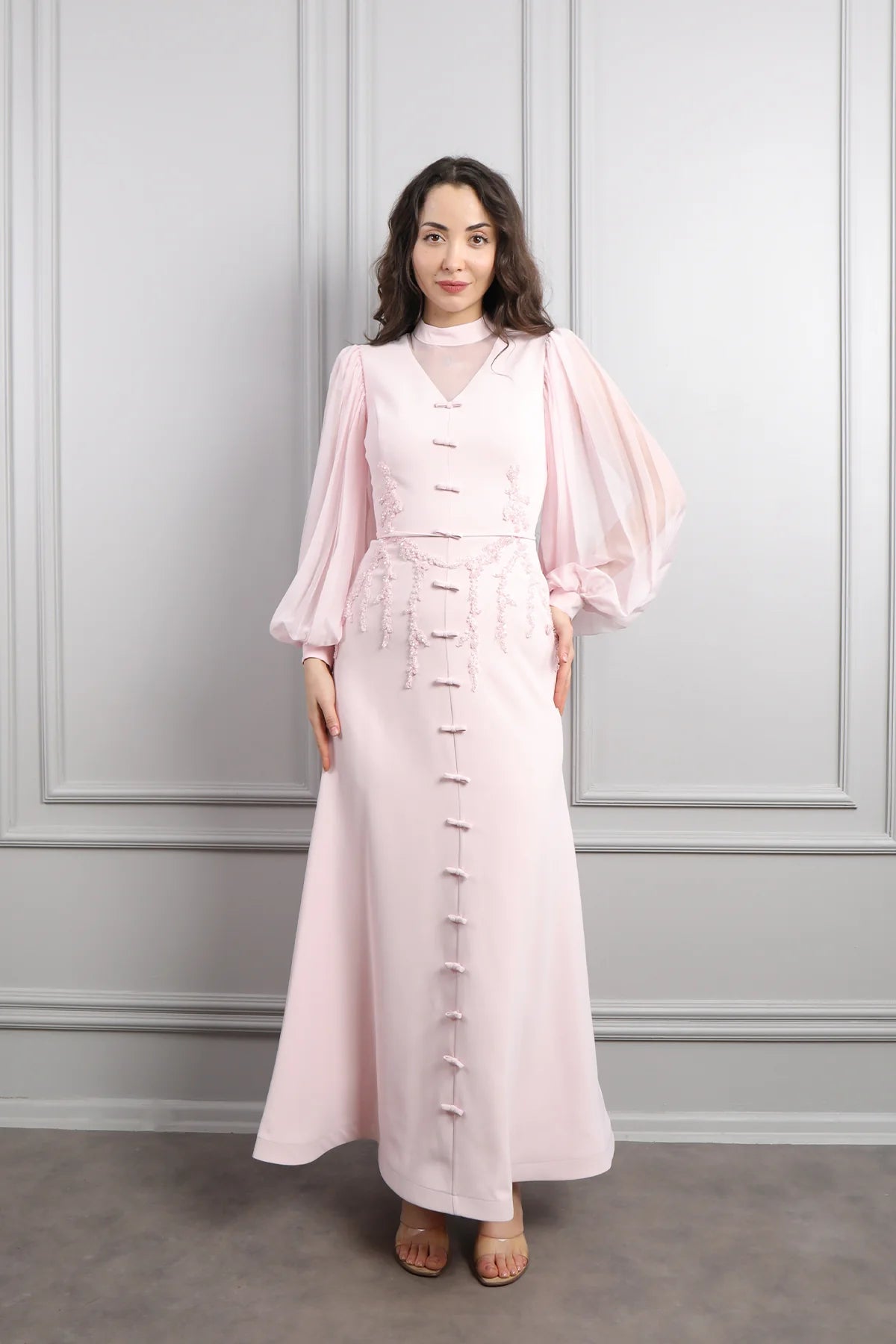 Lynn Mandarin Knot Beaded Mermaid Dress-Pink