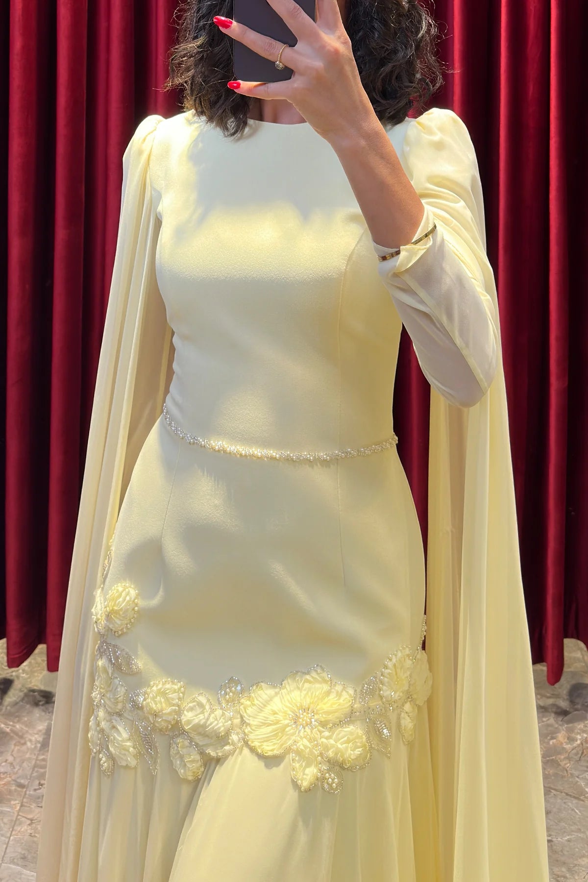 Elara Cape-Sleeve Embellished Mermaid Dress-Yellow