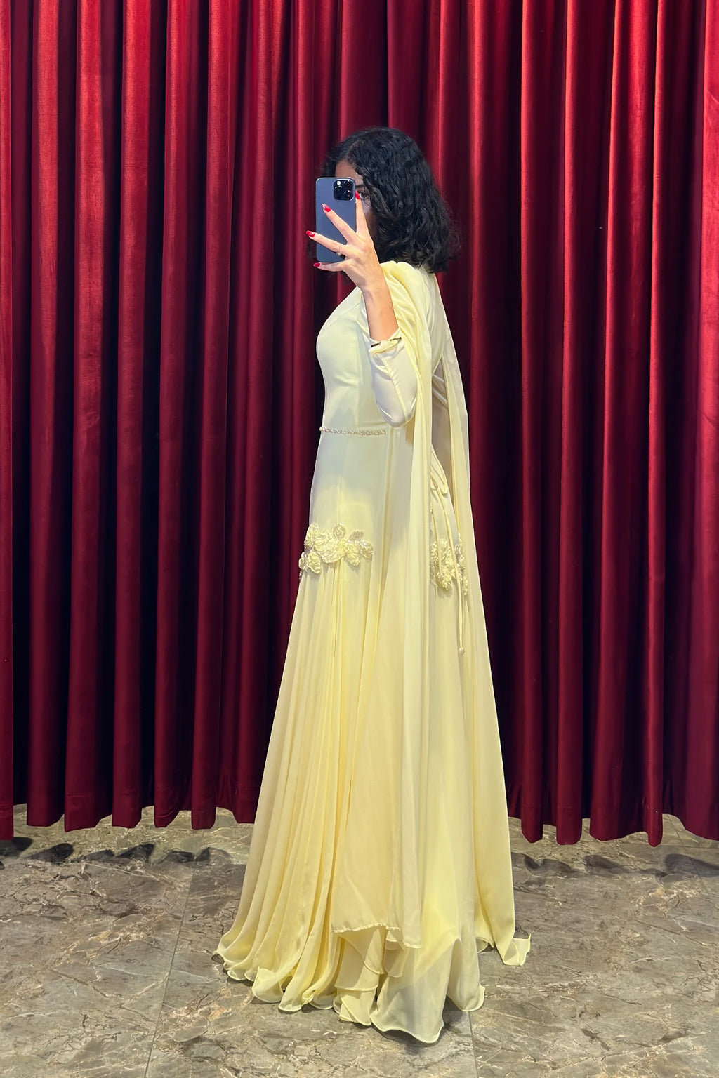 Elara Cape-Sleeve Embellished Mermaid Dress-Yellow