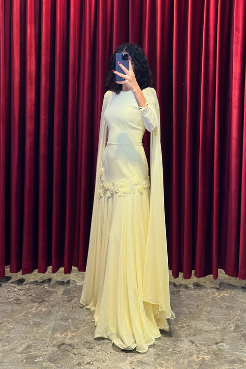 Elara Cape-Sleeve Embellished Mermaid Dress-Yellow