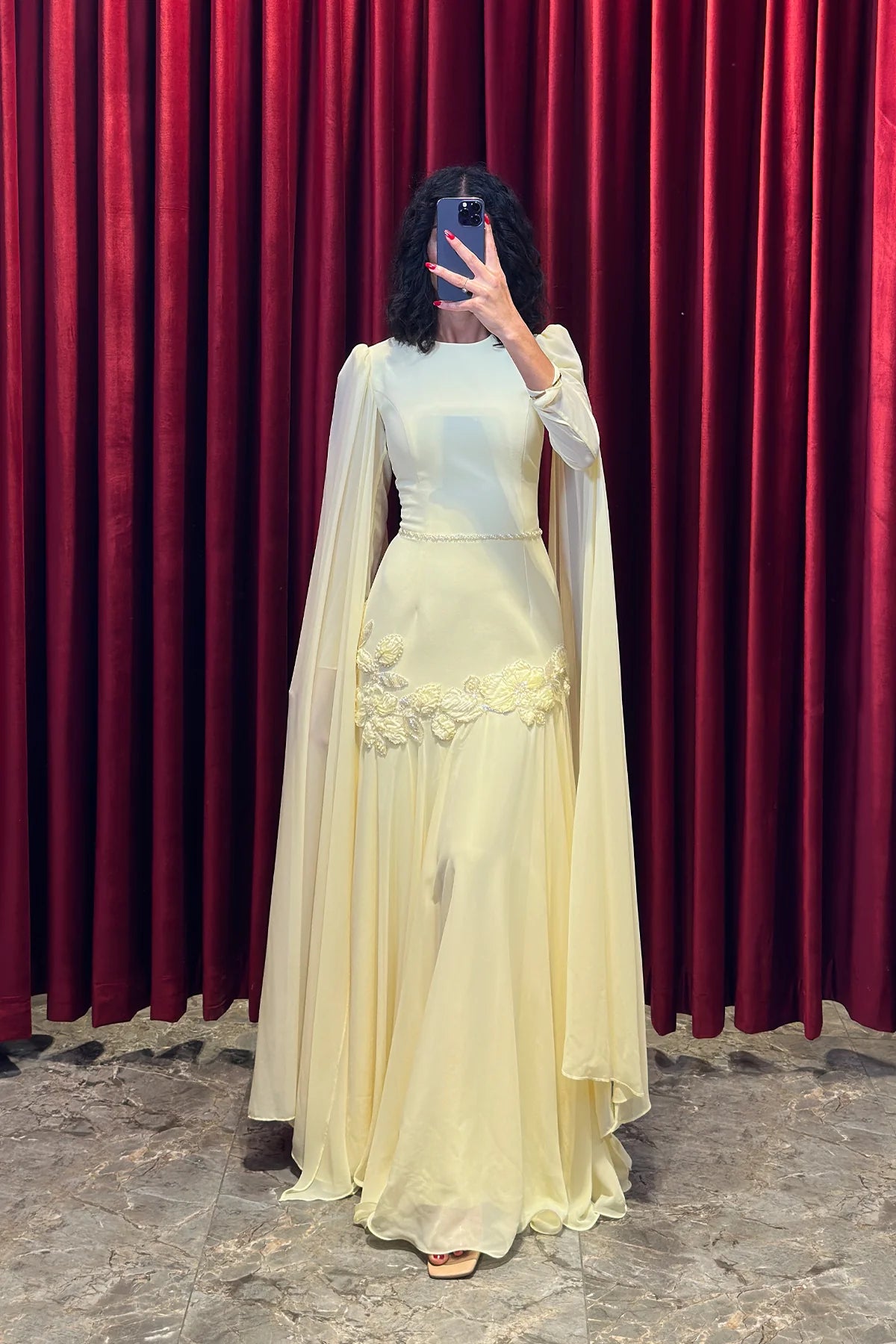 Elara Cape-Sleeve Embellished Mermaid Dress-Yellow