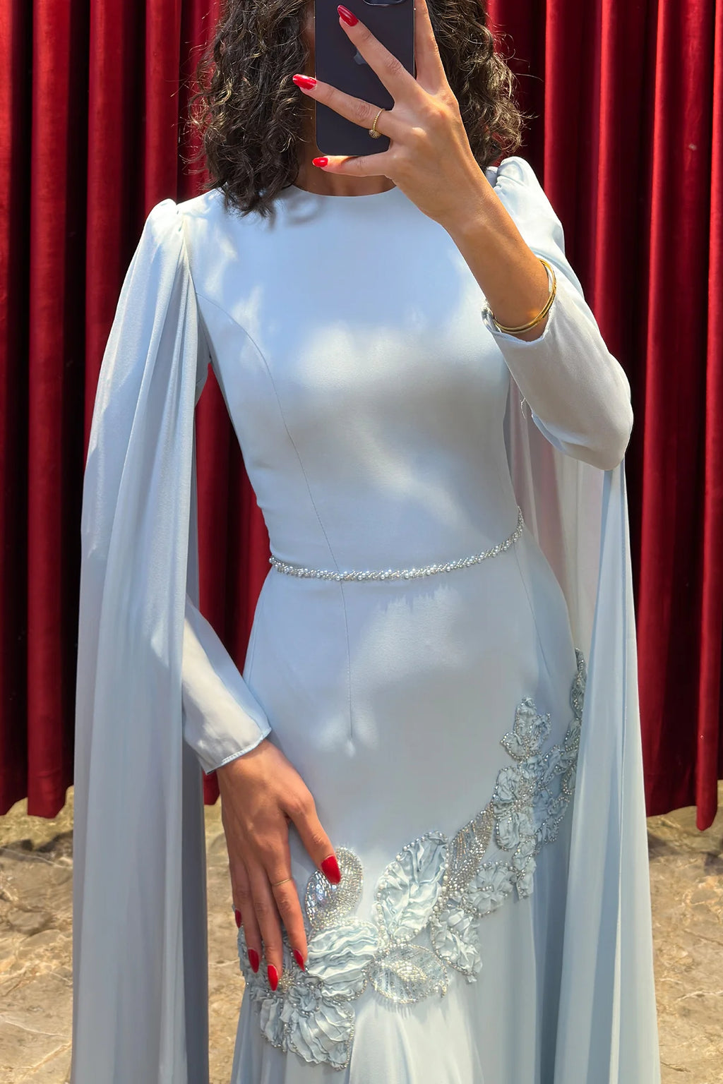 Elara Cape-Sleeve Embellished Mermaid Dress-Blue
