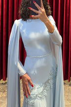 Elara Cape-Sleeve Embellished Mermaid Dress-Blue